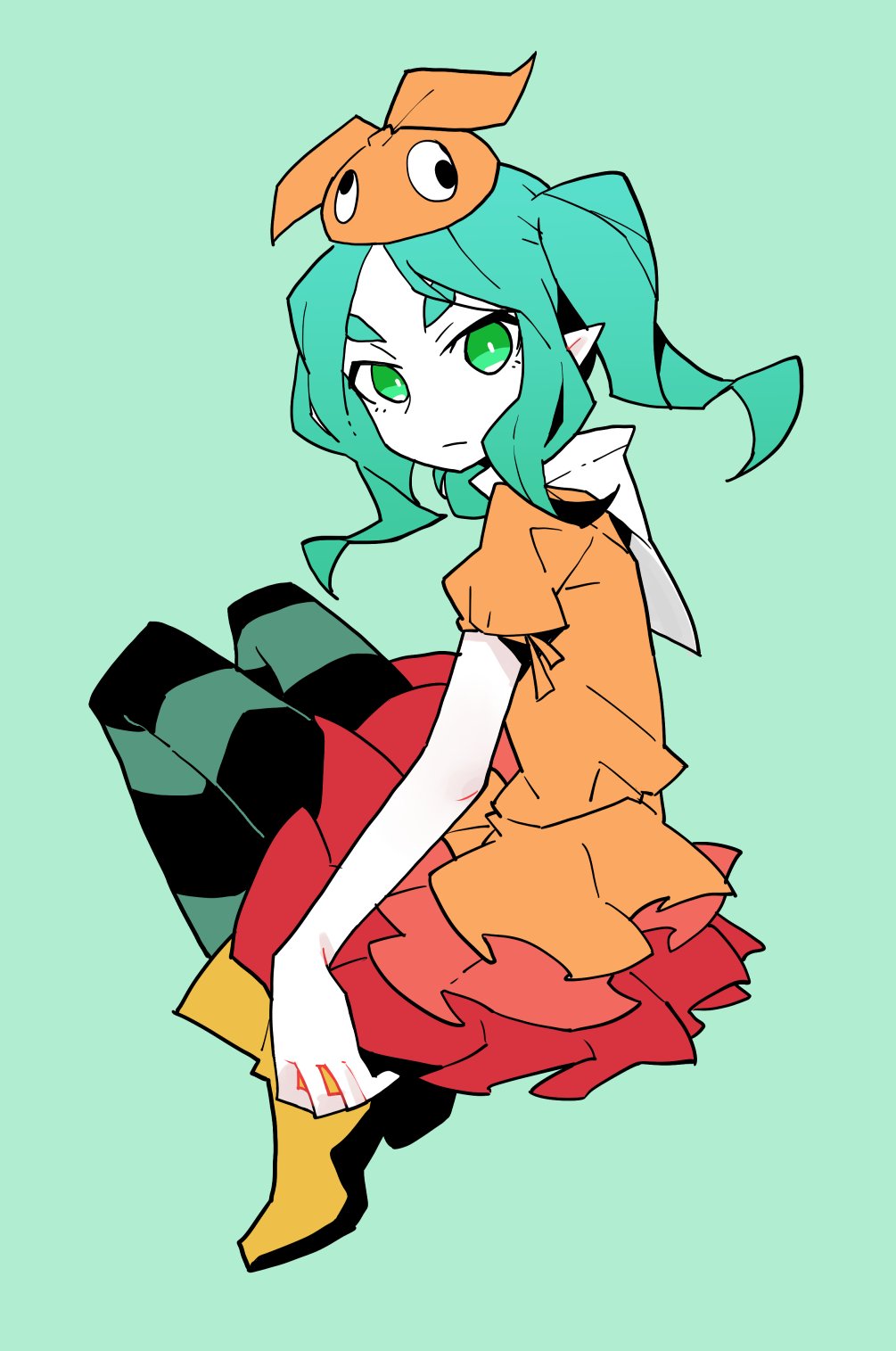 1girl akableak aqua_background aqua_hair aqua_thighhighs arms_at_sides black_thighhighs boots bright_pupils closed_mouth commentary dress expressionless frilled_dress frills full_body googly_eyes green_eyes highres hikimayu knees_up long_hair looking_at_viewer looking_to_the_side monogatari_(series) ononoki_yotsugi orange_dress orange_hat pale_skin parted_bangs pointy_ears puffy_short_sleeves puffy_sleeves romaji_commentary rubber_boots short_eyebrows short_sleeves sidelocks sitting solo striped_clothes striped_thighhighs thick_eyebrows thigh-highs twintails two-tone_thighhighs v-shaped_eyebrows wavy_hair white_pupils yellow_footwear