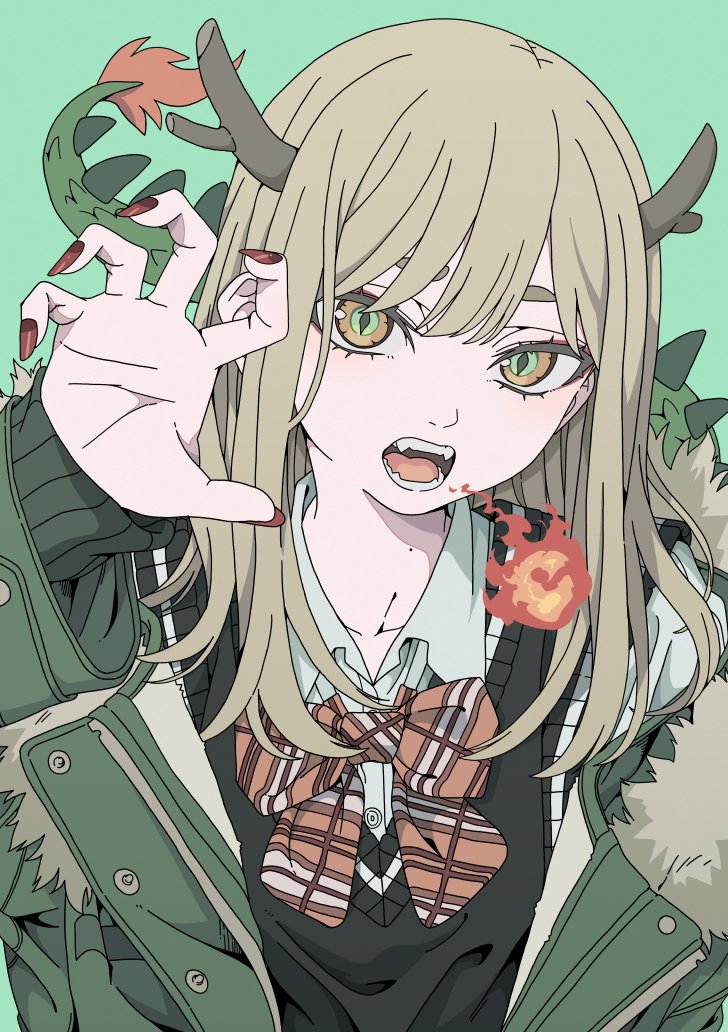 1girl black_sweater_vest bow bowtie breasts breath_weapon breathing_fire brown_eyes brown_horns claw_pose collarbone collared_shirt commentary_request dragon_tail fangs fire fur-trimmed_jacket fur_trim green_background green_eyes green_jacket green_tail haku_geroda hand_up head_tilt horns jacket light_brown_hair long_sleeves looking_at_viewer medium_hair mole mole_on_neck multicolored_eyes open_clothes open_jacket open_mouth orange_bow orange_bowtie original plaid plaid_bow plaid_bowtie red_nails shirt short_eyebrows sidelocks simple_background single_off_shoulder sleeveless small_breasts solo sweater_vest tail teeth thick_eyelashes tongue two-tone_nails upper_body white_shirt