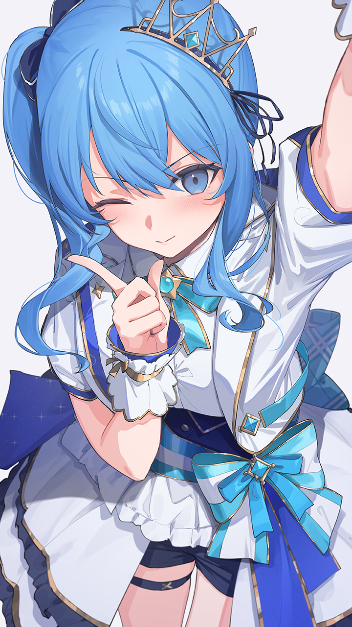 1girl aqua_bow aqua_bowtie arm_up back_bow blue_corset blue_eyes blue_hair blue_shorts bow bowtie collared_shirt commentary corset frilled_skirt frills from_above gold_trim hair_between_eyes hair_ribbon hand_up hashtag_only_commentary highres hololive hololive_idol_uniform_(bright) hoshimachi_suisei jacket knees_out_of_frame large_bow layered_skirt long_hair looking_at_viewer official_alternate_costume one_eye_closed overskirt puffy_short_sleeves puffy_sleeves ribbon shirt short_shorts short_sleeves shorts side_ponytail simple_background skirt solo standing star_(symbol) star_in_eye symbol_in_eye thigh_strap tiara tilted_headwear underbust virtual_youtuber waist_bow white_background white_jacket white_shirt white_skirt whitem_(whiteemperor2020) wrist_cuffs