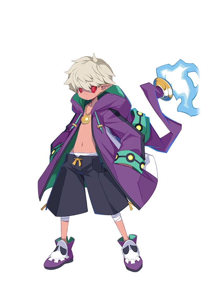 1boy black_shorts blue_fire dark_persona demon_boy disgaea disgaea_rpg emizel_(disgaea) emizel_(emizel_xeno) fire full_body hands_in_pockets harada_takehito hood hoodie looking_at_viewer official_art pointy_ears purple_hoodie red_eyes shoes shorts transparent_background white_hair