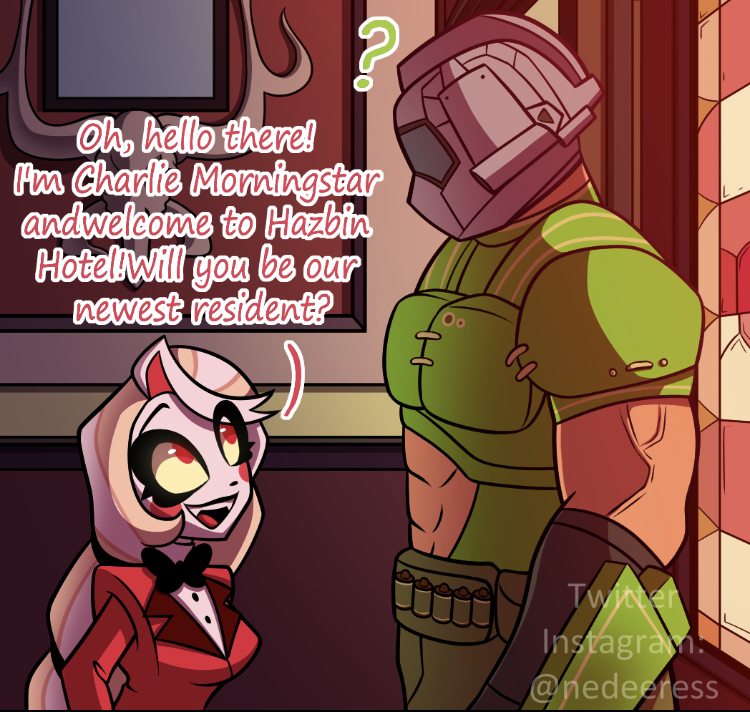 1boy 1girl armor blonde_hair bowtie charlie_morningstar crossover dialogue doom_(series) doomguy english_text faceless_male hazbin_hotel height_difference helmet long_hair looking_at_another looking_down looking_up nedeeress red_eyes signature size_difference