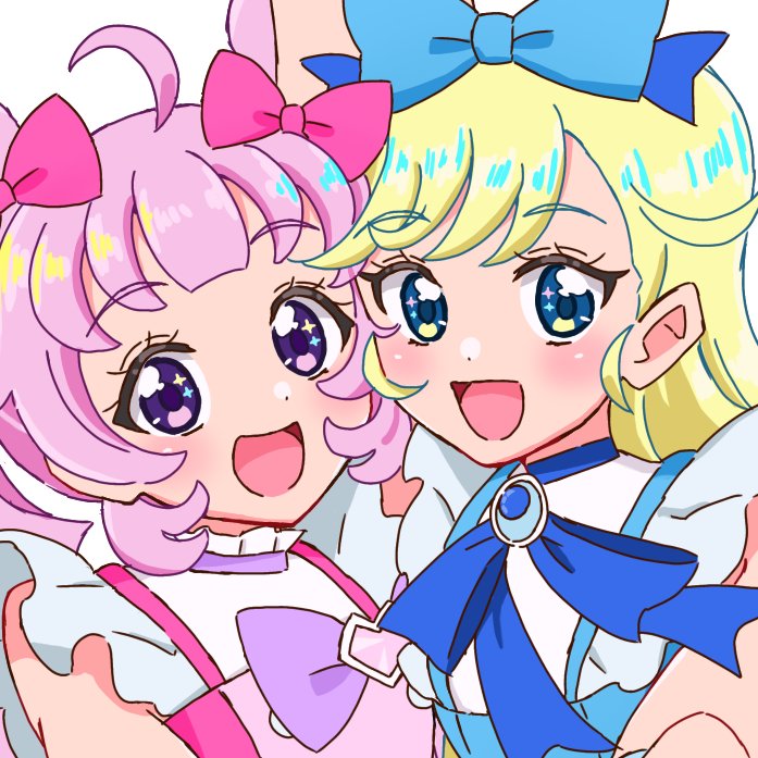 2girls :d ahoge aozora_himari blonde_hair blue_bow blue_eyes blue_ribbon blunt_bangs bow commentary_request crescent hair_bow heart himitsu_no_aipri hoshikawa_mitsuki idol_clothes long_hair looking_at_viewer multiple_girls neck_ribbon open_mouth pink_bow pink_hair pretty_series ribbon shiono_(shio_caramel_no) simple_background smile twintails upper_body violet_eyes white_background