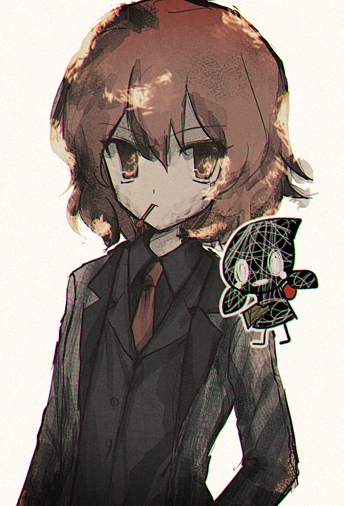 1other androgynous atoymk black_shirt black_vest chromatic_aberration closed_mouth collared_shirt crossover e.g.o_(project_moon) film_grain grey_jacket hair_between_eyes jacket len'en lobotomy_corporation long_sleeves necktie open_clothes open_jacket orange_eyes project_moon red_necktie redhead scorched_girl shirt shitodo_hooaka simple_background upper_body vest white_background