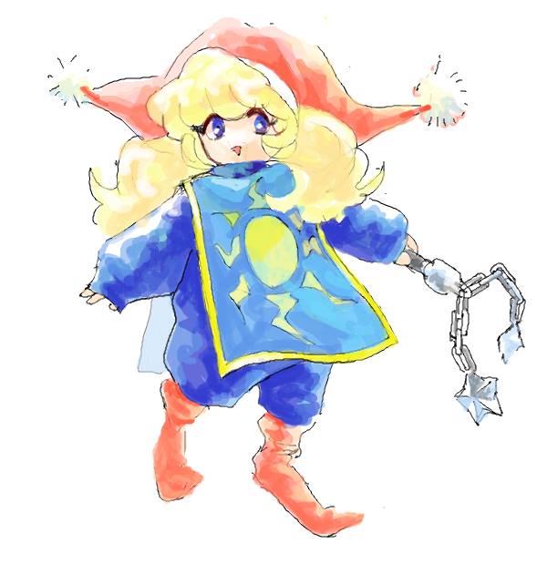 1girl :d bad_drawr_id bad_id ball_and_chain_(weapon) blonde_hair blue_cape blue_eyes blue_shirt cape chain character_request copyright_request full_body hat holding holding_weapon konnyak long_hair looking_at_viewer oekaki open_mouth pom_pom_(clothes) red_hat red_socks shirt simple_background sleeves_past_wrists smile socks solo tachi-e triangle_mouth weapon white_background