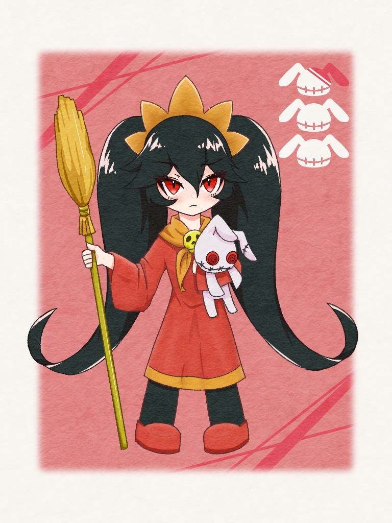 1girl artist_request ashley_(warioware) big_hair black_hair blush closed_mouth dress hairband holding loli long_hair long_sleeves looking_at_viewer neckerchief orange_hairband pantyhose red_dress red_eyes simple_background skull solo stuffed_animal stuffed_toy tiara twintails very_long_hair warioware warioware:_move_it!