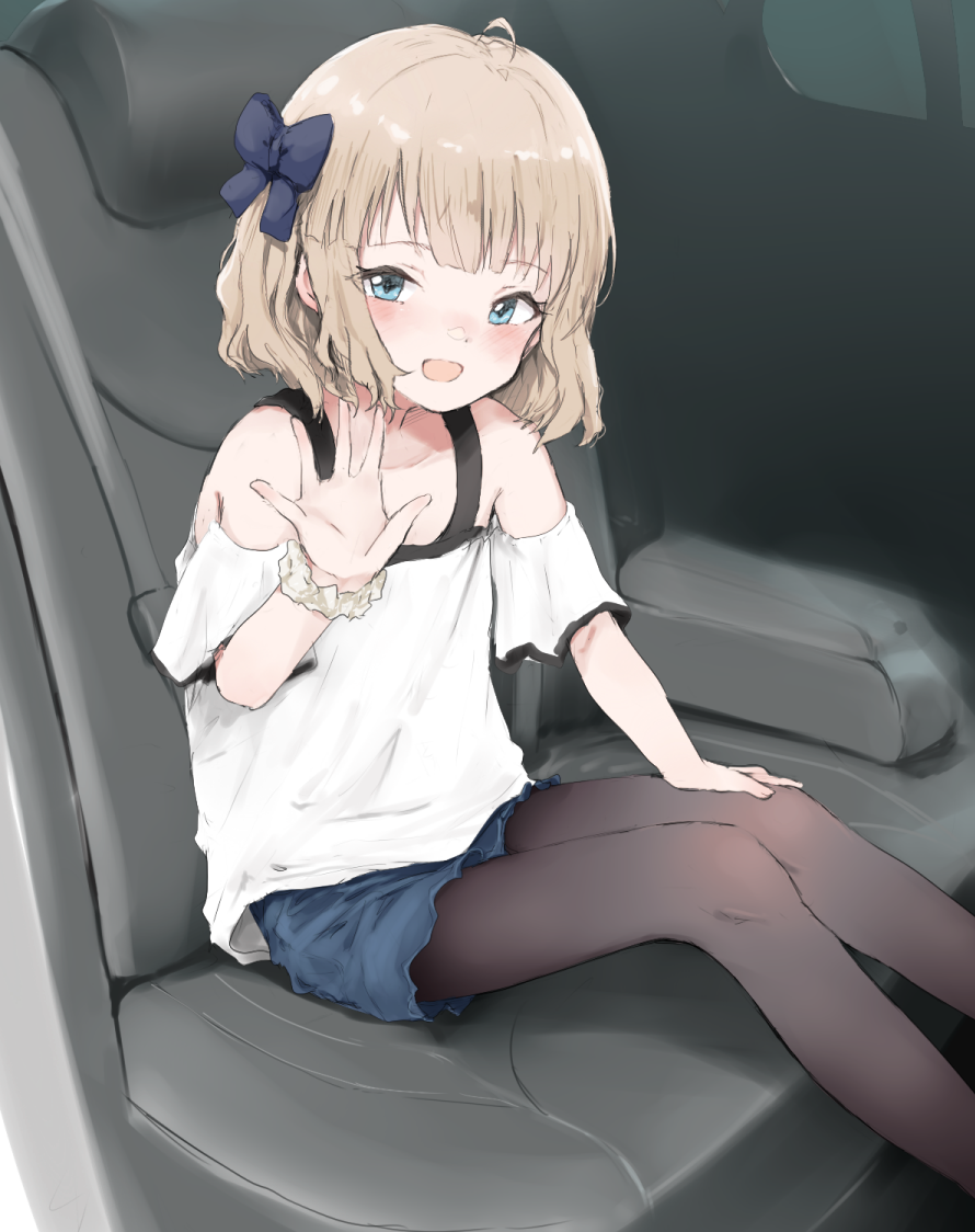1girl :d ahoge bare_shoulders black_pantyhose blue_bow blue_eyes blue_shorts blush bow brown_hair car_interior collarbone commentary_request feet_out_of_frame hair_bow hand_up idolmaster idolmaster_million_live! looking_at_viewer pantyhose pantyhose_under_shorts ripu_(lipi) scrunchie shirt short_shorts shorts smile solo suou_momoko white_scrunchie white_shirt wrist_scrunchie