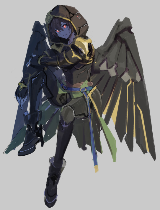 1boy arm_on_knee belt black_wings boots brown_hair cape commentary commentary_request evil_smile feathered_wings fingerless_gloves full_body gloves glowing glowing_eyes granblue_fantasy green_cape grey_background hair_between_eyes hand_on_own_arm high_heel_boots high_heels hood hood_up knee_up looking_at_viewer male_focus messy_hair red_eyes sandalphon_(granblue_fantasy) shaded_face short_hair sitting smile solo tki wings