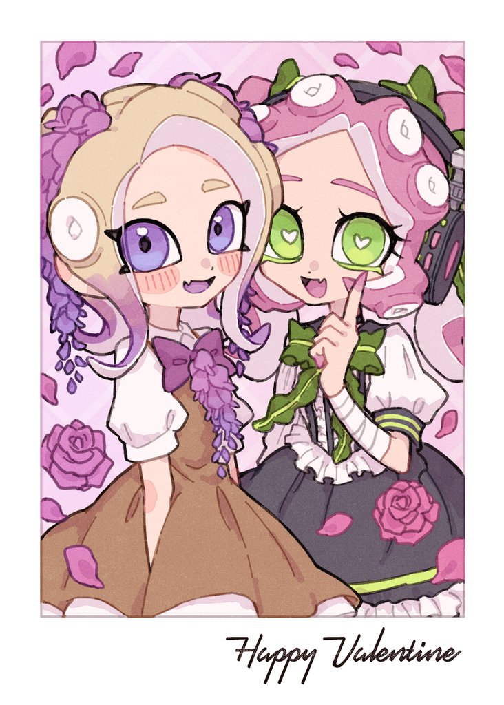2girls :d arms_at_sides bandaged_arm bandages blonde_hair bluerosamarinus blush_stickers border bow bowtie bright_pupils brown_dress collared_shirt colored_eyelashes colored_tongue commentary_request dress falling_petals fang film_grain flower frilled_shirt frilled_skirt frills green_bow green_bowtie green_eyes grey_skirt hair_bow hair_flower hair_ornament hand_up happy_valentine headphones heart heart-shaped_pupils long_hair looking_at_viewer multicolored_hair multiple_girls octoling octoling_girl octoling_player_character open_mouth parted_bangs petals pinafore_dress pink_background pink_flower pink_hair pointing pointing_up puffy_short_sleeves puffy_sleeves purple_bow purple_bowtie purple_flower purple_hair purple_tongue shirt short_sleeves skin_fang skirt skirt_set sleeveless sleeveless_dress smile splatoon_(series) suction_cups symbol-shaped_pupils tentacle_hair twintails two-tone_hair violet_eyes white_border white_pupils white_shirt