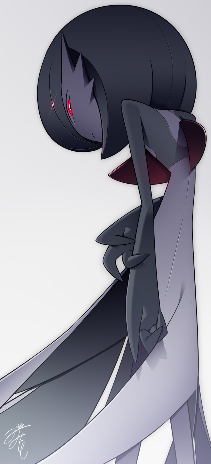 bob_cut colored_skin dress gardevoir glowing glowing_eyes green_hair grey_background highres holding_own_arm looking_at_viewer looking_back lotosu multicolored_skin pokemon pokemon_(creature) red_eyes simple_background two-tone_skin white_dress white_skin