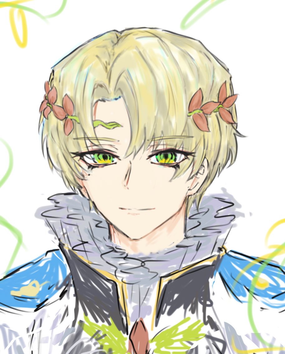 1boy alfred_(fire_emblem) ascot blonde_hair blue_cape cape circlet fire_emblem fire_emblem_engage green_eyes looking_at_viewer male_focus prince solo tandemaushold2 yellow_ascot