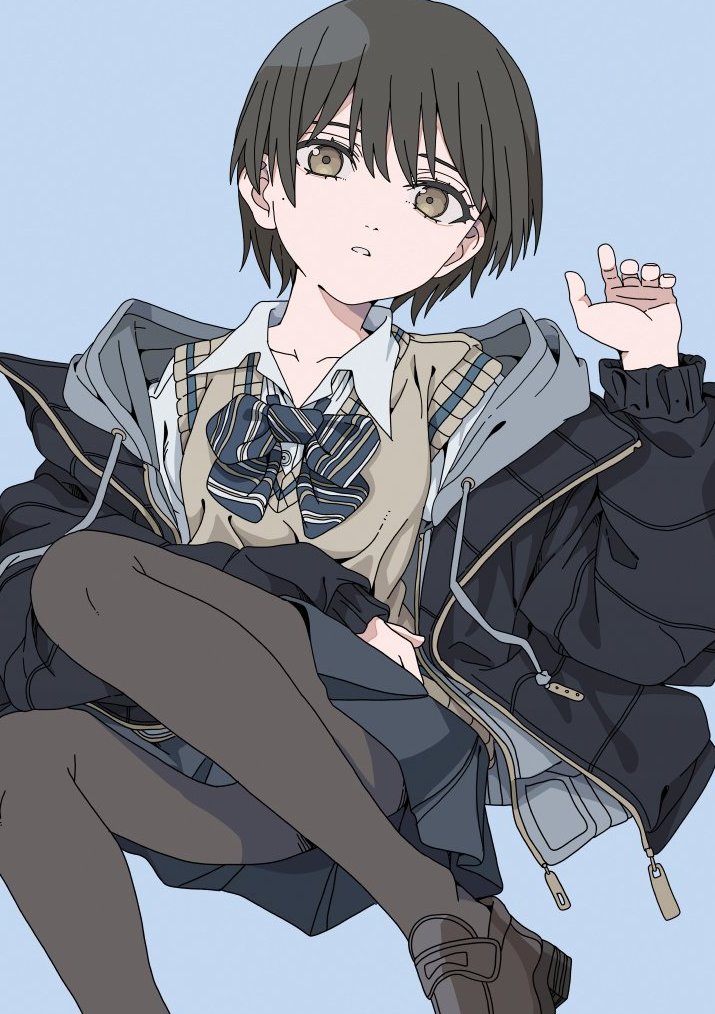 1girl :o black_jacket blue_background blue_bow blue_bowtie bow bowtie breasts brown_eyes brown_footwear brown_hair brown_pantyhose brown_sweater_vest brown_vest collarbone collared_shirt commentary_request drawstring foot_out_of_frame grey_hoodie grey_skirt hair_between_eyes haku_geroda hand_on_own_stomach hand_up hood hood_down hoodie jacket loafers long_sleeves looking_at_viewer miniskirt mole mole_on_cheek off_shoulder open_clothes open_collar open_hoodie open_jacket original pantyhose parted_lips pleated_skirt school_uniform shirt shoes short_hair simple_background skirt small_breasts solo striped_bow striped_bowtie striped_clothes sweater_vest thick_eyelashes thighs upskirt vest white_shirt zipper_pull_tab