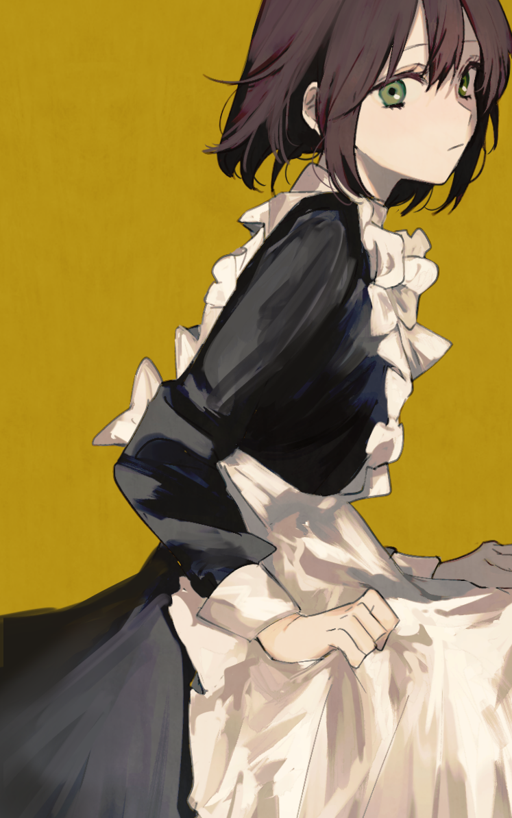 1girl apron black_dress brown_hair closed_mouth dress frilled_apron frills from_side green_eyes hair_between_eyes long_sleeves looking_at_viewer looking_to_the_side maid maid_apron mochiosamu_ron original short_hair sidelocks simple_background skirt_hold solo white_apron white_dress yellow_background