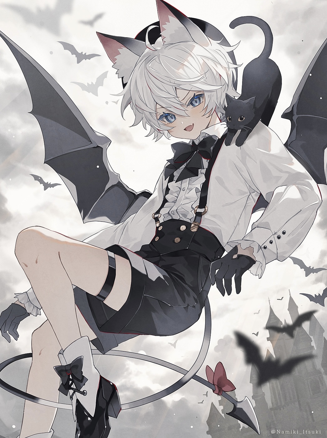 1boy animal_ear_fluff animal_ears animal_on_shoulder bat_(animal) beret black_bow black_bowtie black_cat black_gloves black_hat black_shorts blue_eyes blurry blurry_foreground boots bow bowtie castle cat center_frills clouds cloudy_sky commentary_request demon demon_tail demon_wings foot_out_of_frame frills gloves grey_sky hat highres knee_up long_sleeves looking_at_viewer male_focus namiki_itsuki open_mouth original shirt short_hair shorts sky smile solo suspenders tail tail_bow tail_ornament twitter_username white_hair white_shirt wings