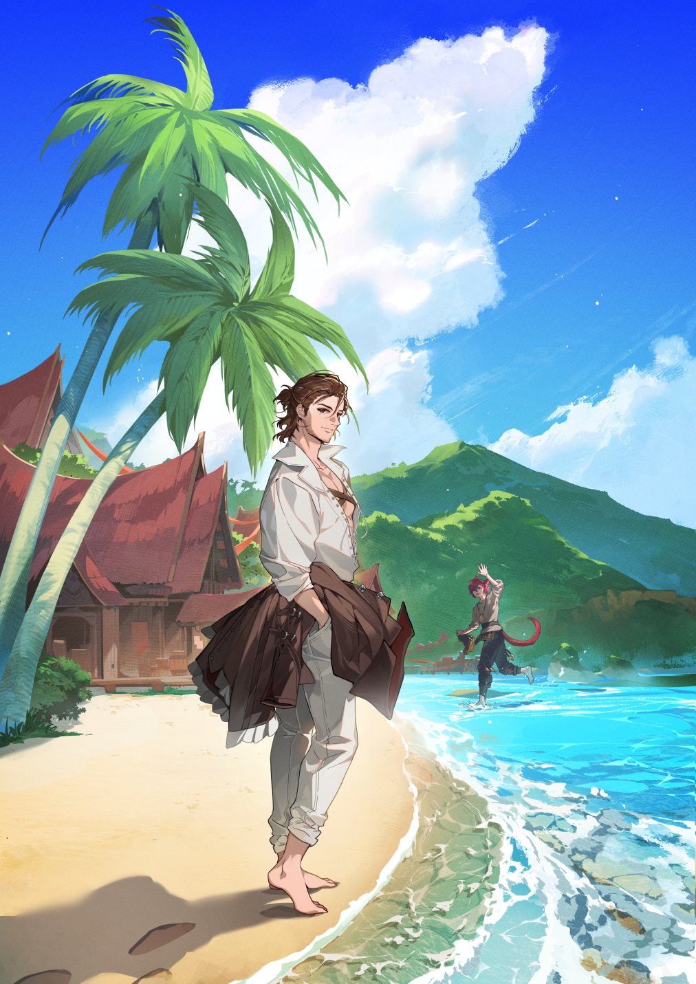 2boys adventurer_(ff14) animal_ears arm_up barefoot beach black_pants blue_sky boots brown_hair brown_shirt building cat_boy cat_ears cat_tail clouds collared_shirt commentary day english_commentary final_fantasy final_fantasy_xiv footprints from_side g'raha_tia hair_bun highres holding holding_boots holding_clothes holding_footwear holding_jacket hyur jacket lirica looking_at_viewer male_focus miqo'te mountainous_horizon multiple_boys ocean outdoors palm_tree pants redhead sand scenery shirt short_hair single_hair_bun sky smile standing summer tail tree unworn_boots unworn_jacket wading warrior_of_light_(ff14) water waving white_pants white_shirt wide_shot
