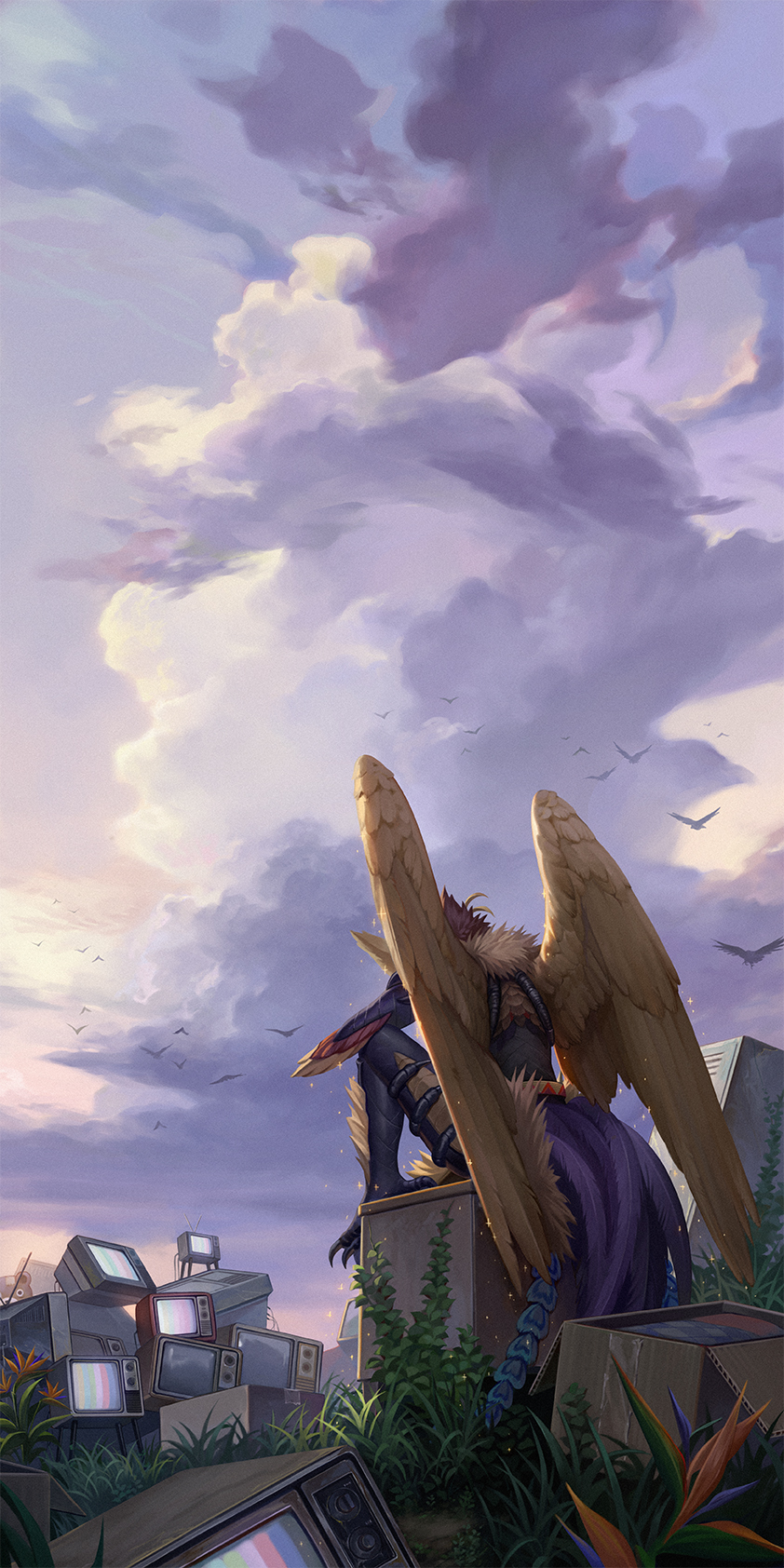 1boy bird clouds day feathered_wings from_behind grass highres junkyard knees_up ly_hao_nguyen monster_boy one-punch_man outdoors phoenix phoenix_man_(opm) scales scenery sitting sitting_on_object sky solo television wings