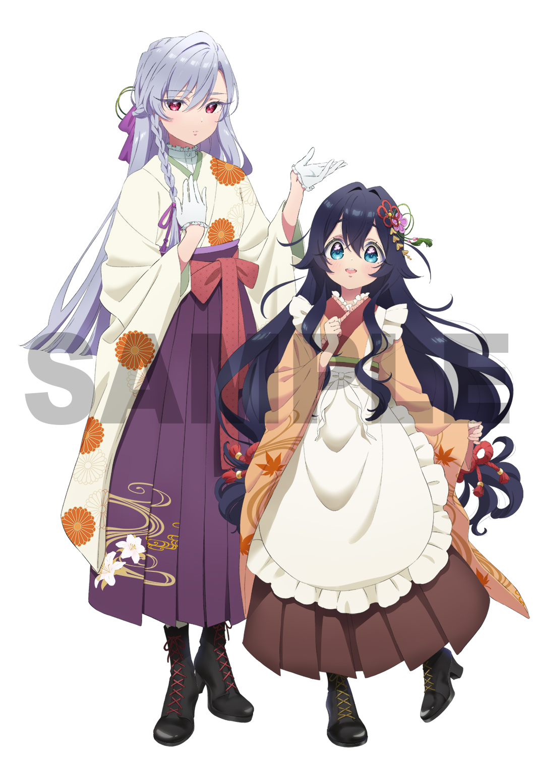 2girls :d ankle_boots apron artist_request beckoning black_footwear blue_eyes blue_hair blunt_ends blush boots bow bow_apron braid brown_hakama brown_skirt buttons clenched_hand closed_mouth cross-laced_footwear curled_fingers dot_nose double-parted_bangs eiai_nano eyelashes eyes_visible_through_hair flower flower_knot frilled_apron frilled_gloves frilled_kimono frilled_shirt_collar frills full_body gloves green_rope green_tassel grey_hair hair_between_eyes hair_bow hair_flower hair_intakes hair_ornament hakama hakama_skirt half_gloves half_updo hand_on_own_chest hand_up hands_up heel_up height_difference high-waist_skirt high_heel_boots high_heels highres japanese_clothes kanzashi kikumon kimi_no_koto_ga_dai_dai_dai_dai_daisuki_na_100-nin_no_kanojo kimono lace-up_boots leaf leaf_print leg_up long_bangs long_hair long_skirt long_sleeves looking_at_viewer low-tied_long_hair maid_apron maple_leaf maple_leaf_print multiple_girls official_art pleated_skirt print_kimono purple_bow purple_hakama purple_rope purple_skirt purple_tassel red_bow red_eyes red_rope red_sash red_tassel rope sample_watermark sash shirt shirt_under_kimono side_braid sideways_glance simple_background skirt sleeves_past_wrists smile standing standing_on_one_leg swept_bangs teeth upper_teeth_only very_long_hair waist_bow watermark wavy_hair white_apron white_background white_bow white_gloves white_shirt yellow_kimono yoshimoto_shizuka