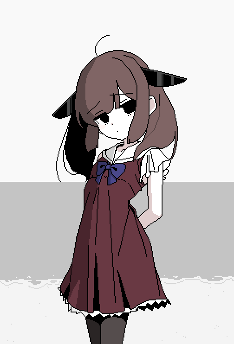 ++_(9oafxjjhuktkdef) 1girl ahoge alternate_eye_color arched_back arms_behind_back beach black_eyes black_pantyhose blue_bow blue_bowtie blunt_bangs bow bowtie breasts brown_hair commentary_request dot_mouth dress empty_eyes feet_out_of_frame frills furrowed_brow gathers grey_background headgear horizon long_hair looking_at_viewer monochrome_background pantyhose pixel_art raised_eyebrows red_dress sailor_collar short_dress short_sleeves small_breasts solo standing touhoku_kiritan twintails voiceroid waves white_sailor_collar
