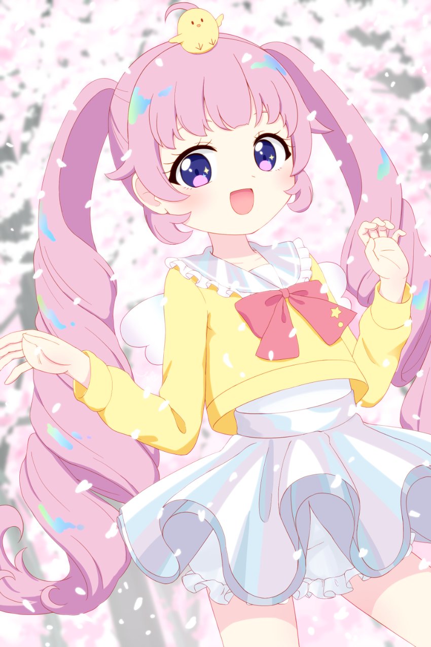 1girl :d ahoge animal_on_head aozora_himari bird bird_on_head bow cherry_blossoms chick commentary_request cowboy_shot drill_hair hands_up highres himitsu_no_aipri long_hair long_sleeves looking_at_viewer on_head open_mouth petals pink_hair pretty_series red_bow sailor_collar shirt skirt smile solo standing torayu twin_drills twintails very_long_hair violet_eyes white_skirt yellow_shirt