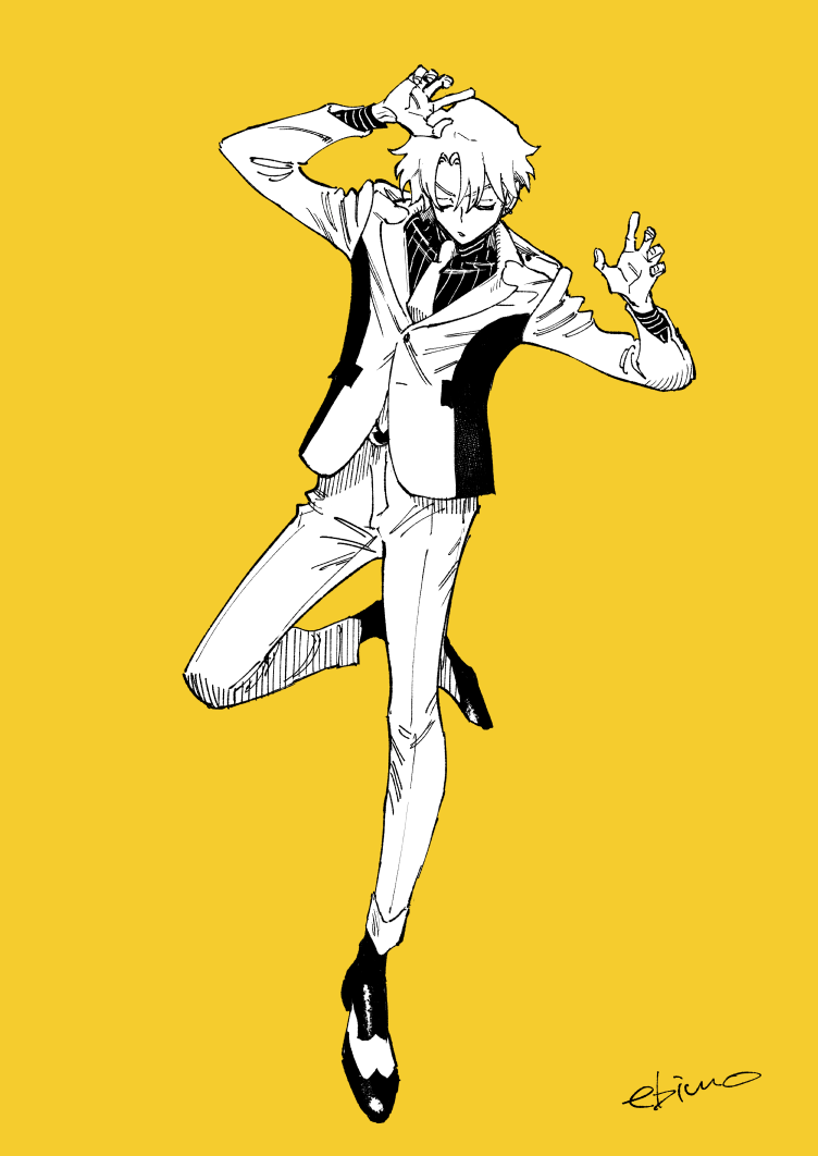 1boy black_shirt black_socks closed_eyes collared_shirt finn_oldman full_body hands_up head_down high_card jacket male_focus mojisan_(ebimo) necktie pants parted_bangs shirt short_hair signature simple_background socks solo standing standing_on_one_leg suit yellow_background