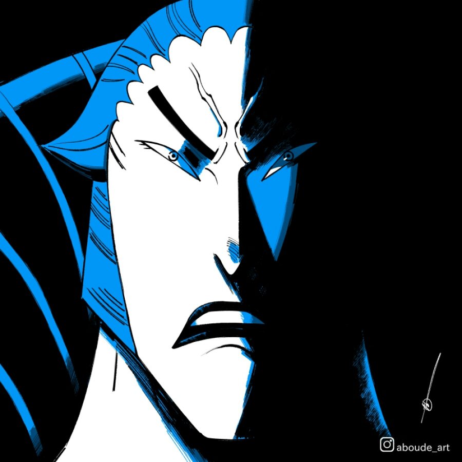 1boy aboude_art artist_name commentary denjirou_(one_piece) instagram_logo instagram_username limited_palette long_hair long_sideburns looking_at_viewer male_focus one_piece open_mouth sideburns signature solo teeth