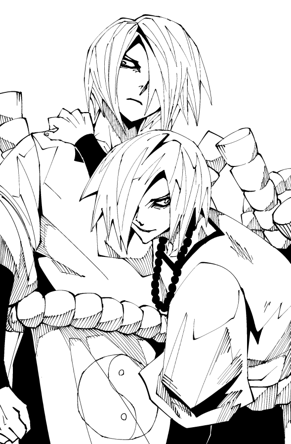 2boys clenched_hand closed_mouth hair_over_one_eye hand_on_another's_shoulder jewelry lipstick looking_to_the_side makeup male_focus metric80019 monochrome multiple_boys naruto naruto_(series) necklace ninja sakon_(naruto) serious short_hair siblings twins ukon_(naruto) yin_yang yin_yang_print