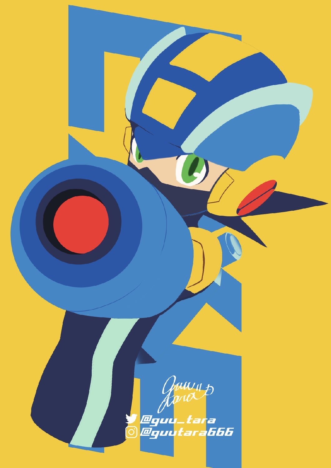 1boy aiming aiming_at_viewer arm_cannon blue_bodysuit blue_helmet bodysuit green_eyes guutara highres instagram_logo instagram_username mask mega_man_(series) mega_man_battle_network_(series) megaman.exe mouth_mask outstretched_arm signature solo spiky_hair twitter_logo twitter_username upper_body weapon yellow_background