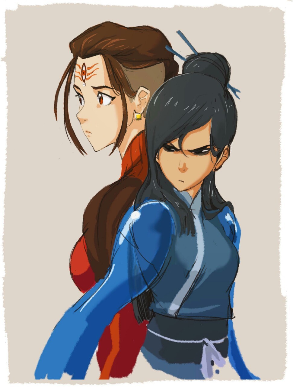 2girls avatar_legends back-to-back black_eyes black_hair brown_background brown_hair chinese_clothes closed_mouth earrings english_commentary hair_bun half-closed_eyes highres jewelry long_hair ming-hua_(the_legend_of_korra) misterunagi multiple_girls p'li_(the_legend_of_korra) red_eyes single_hair_bun sketch the_legend_of_korra third_eye v-shaped_eyebrows very_long_hair water