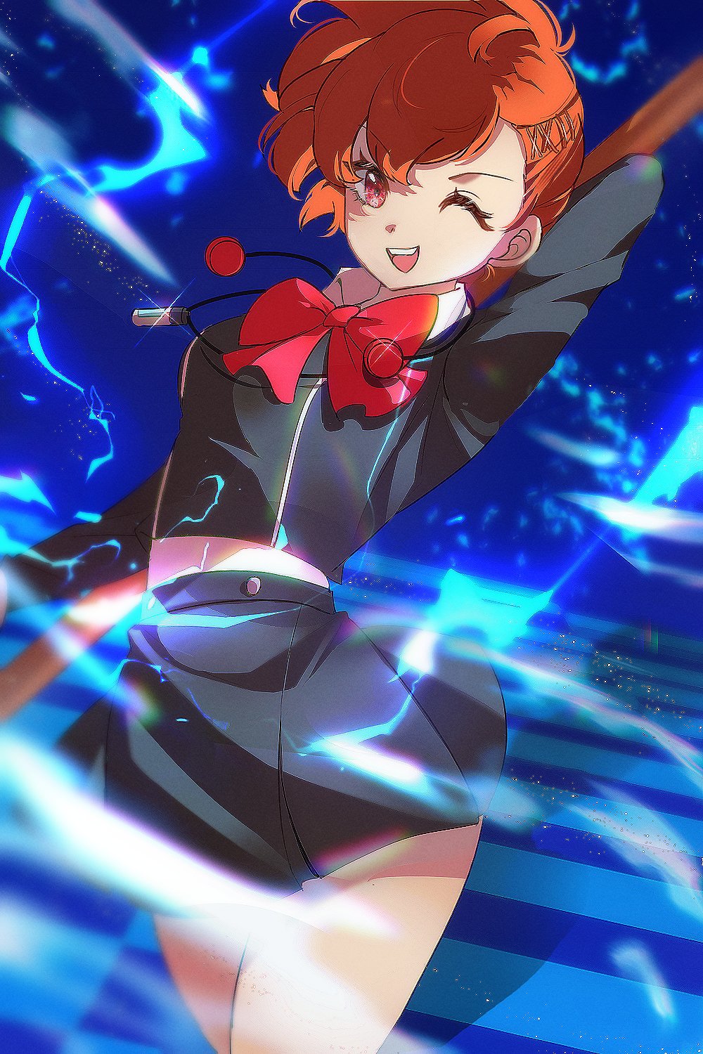 1girl arm_up black_jacket black_skirt bow bowtie brown_hair collared_shirt cowboy_shot digital_media_player earphones gekkoukan_high_school_uniform glint hair_ornament hairclip headphones headphones_around_neck highres holding holding_polearm holding_weapon jacket long_sleeves looking_at_viewer miniskirt one_eye_closed open_mouth persona persona_3 persona_3_portable polearm red_bow red_bowtie red_eyes school_uniform shiomi_kotone shirt skirt smile solo upper_body weapon white_shirt zer00han