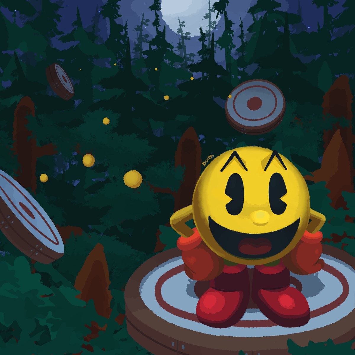 1boy boots colored_skin forest full_moon gloves highres itisdoibs looking_at_viewer moon nature no_humans open_mouth orange_gloves pac-dot pac-man pac-man_(game) red_footwear star_(sky) tongue trampoline tree twitter_username yellow_skin