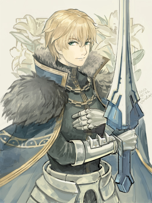 1boy armor black_shirt blonde_hair blue_cape cape chain closed_mouth dated fate/grand_order fate_(series) fon-due_(fonfon) gauntlets gawain_(fate) grey_background holding holding_sword holding_weapon looking_at_viewer male_focus shirt short_hair signature solo sword weapon