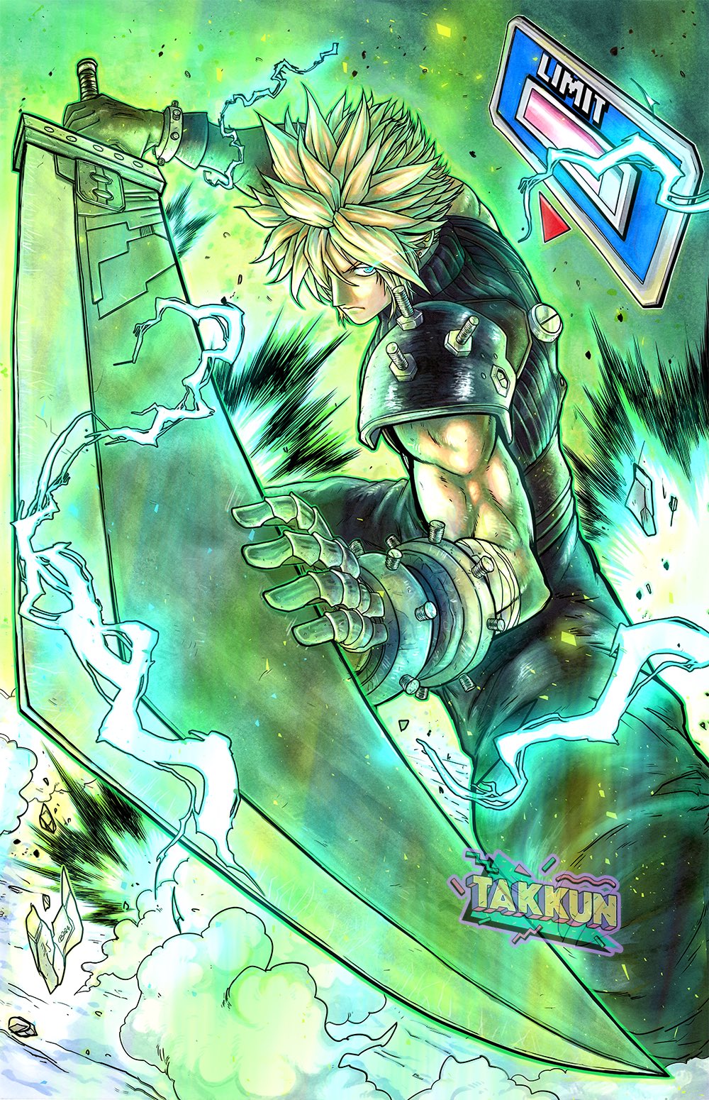 1boy artist_name aura black_pants blonde_hair buster_sword closed_mouth cloud_strife commentary electricity final_fantasy final_fantasy_vii frown gameplay_mechanics green_background highres holding holding_sword holding_weapon male_focus muscular muscular_male pants shoulder_pads solo spiky_hair sword takkun_(takkun_art) watermark weapon