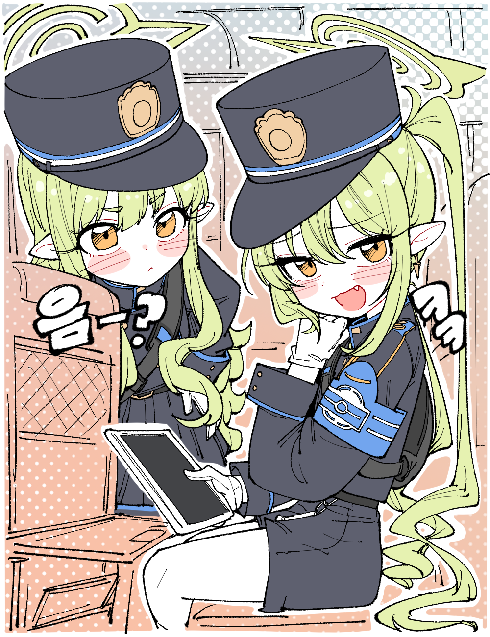 2girls armband black_coat black_hat black_skirt blue_archive blue_armband blush closed_mouth coat fang gloves green_hair green_halo halo hat highres holding holding_tablet_pc long_hair long_sleeves multiple_girls open_mouth peaked_cap pointy_ears side_ponytail skirt tablet_pc white_gloves wujurana yellow_eyes