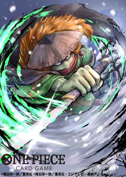 1boy blush_stickers colored_skin commentary_request english_commentary english_text fish_boy green_skin hat holding holding_sword holding_weapon japanese_clothes katana kawamatsu long_hair male_focus mixed-language_commentary official_art one_piece orange_hair red_scarf scarf solo studio_viga sword translation_request weapon