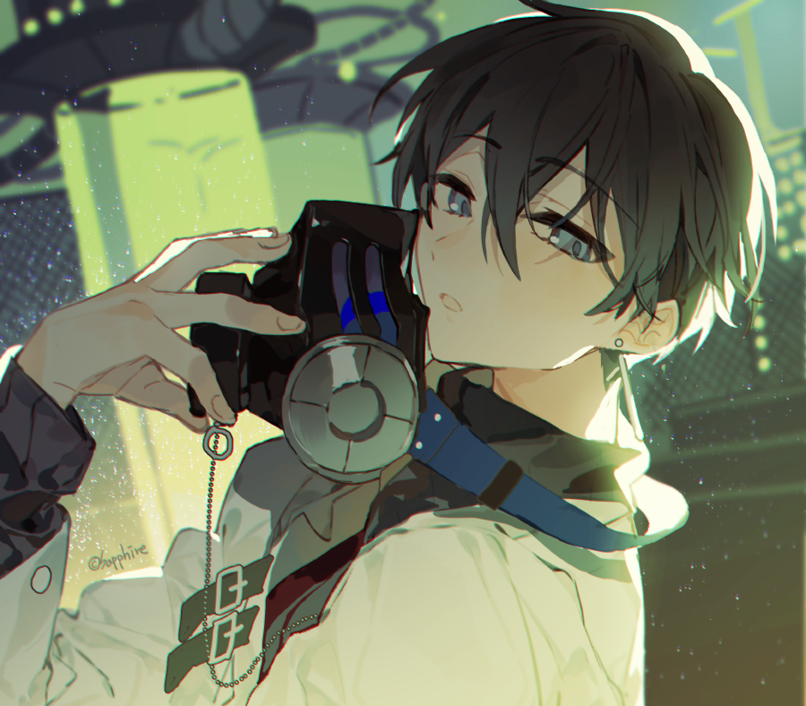 1boy black_sweater coat ear_piercing earrings ensemble_stars! hand_up hidaka_hokuto holding holding_mask indoors jewelry light_particles long_sleeves looking_at_viewer male_focus mask piercing respirator ribbed_sweater sapphire_(nine) solo stasis_tank sweater turtleneck turtleneck_sweater white_coat