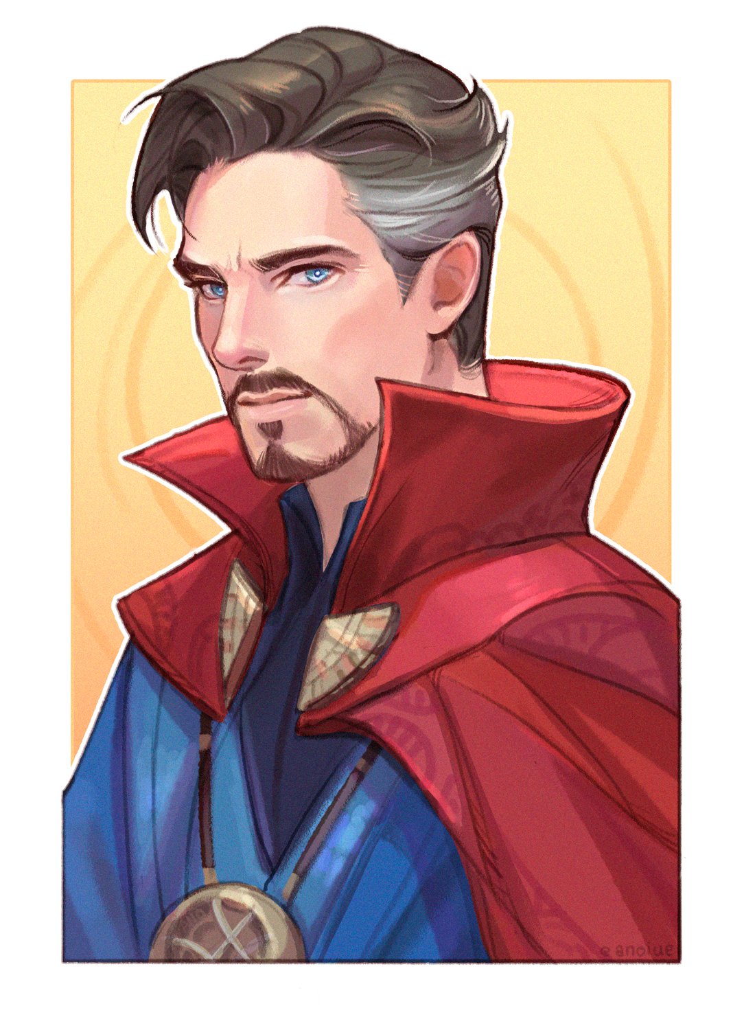 1boy anoiue blue_eyes blue_robe cape doctor_strange facial_hair goatee highres lips looking_at_viewer male_focus marvel marvel_cinematic_universe mustache out_of_frame outside_border portrait red_cape robe two-tone_background white_background yellow_background