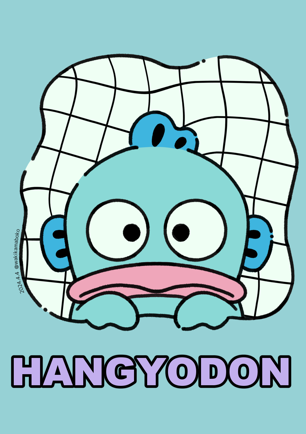 1other blue_background character_name closed_mouth commentary_request dated hands_up hangyodon highres looking_at_viewer neki_(wakiko) peeking_out sanrio simple_background solo twitter_username upper_body