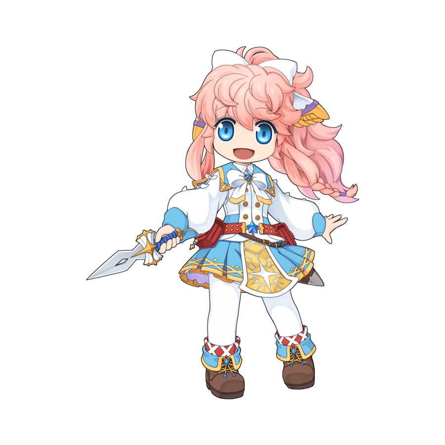 1girl :d blue_capelet blue_eyes blue_skirt boots bow bowtie braid braided_sidelock breasts brown_footwear buttons capelet chibi collared_shirt curly_hair dagger flat_chest floating_hair fold-over_boots full_body gold_trim hair_bow holding holding_dagger holding_knife holding_weapon hyper_novice_(ragnarok_online) knife long_hair long_sleeves looking_at_viewer low-braided_long_hair low-tied_long_hair medium_bangs official_art open_mouth pantyhose pelvic_curtain pink_hair pleated_skirt puffy_long_sleeves puffy_sleeves ragnarok_online shirt simple_background skirt smile solo standing tachi-e transparent_background twin_braids weapon white_bow white_bowtie white_pantyhose white_shirt yuichirou