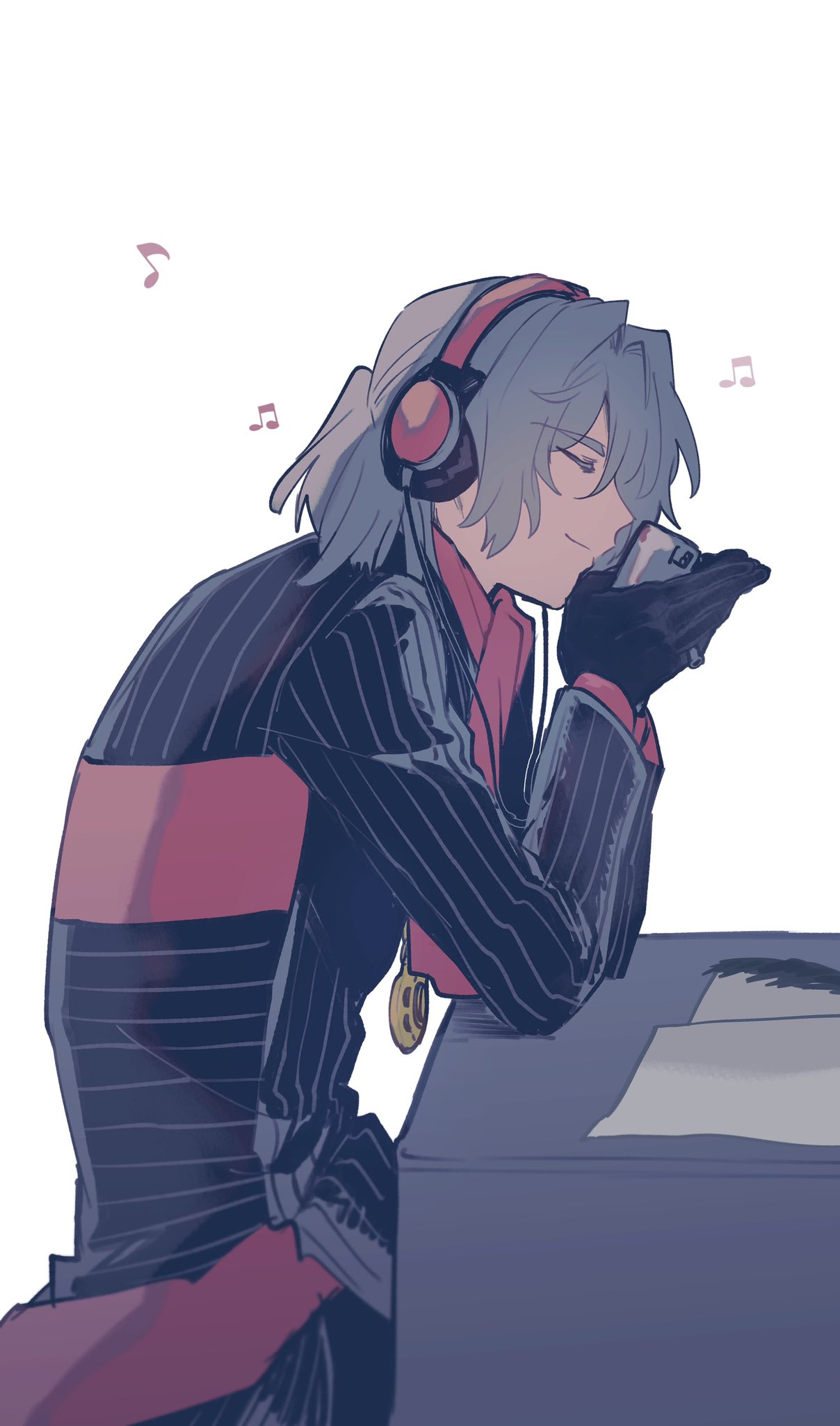1boy antonio_salieri_(fate) antonio_salieri_(second_ascension)_(fate) ascot black_gloves black_suit closed_eyes elbow_rest fate/grand_order fate_(series) formal gloves grey_hair half_updo headphones highres holding holding_phone kimidorix32 long_sleeves male_focus medallion musical_note phone pinstripe_jacket pinstripe_pattern pinstripe_suit profile red_ascot sitting solo striped_suit suit