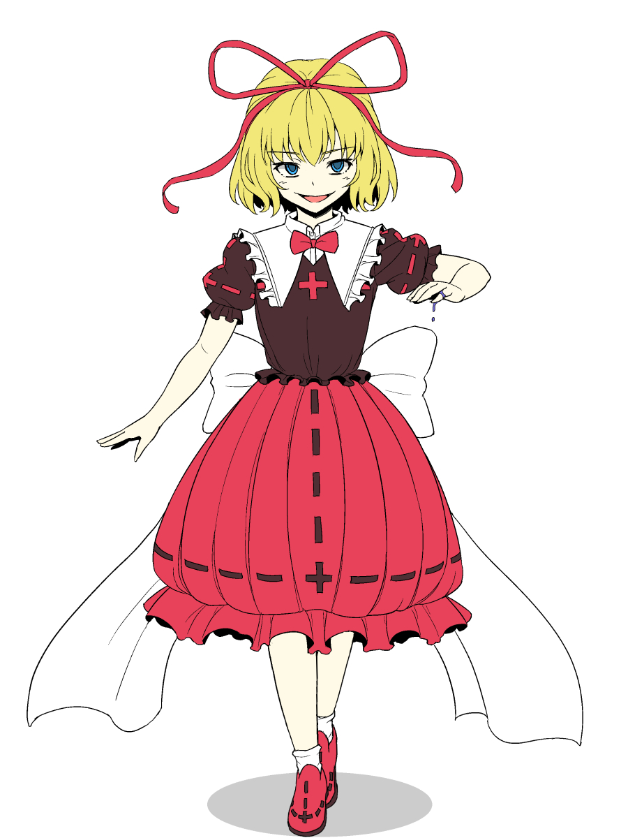 1girl :d black_shirt blonde_hair blue_eyes bow bowtie commentary frilled_skirt frills hair_ribbon highres kakone looking_at_viewer medicine_melancholy open_mouth red_bow red_bowtie red_footwear red_ribbon red_skirt ribbon shirt short_hair short_sleeves skirt smile solo touhou