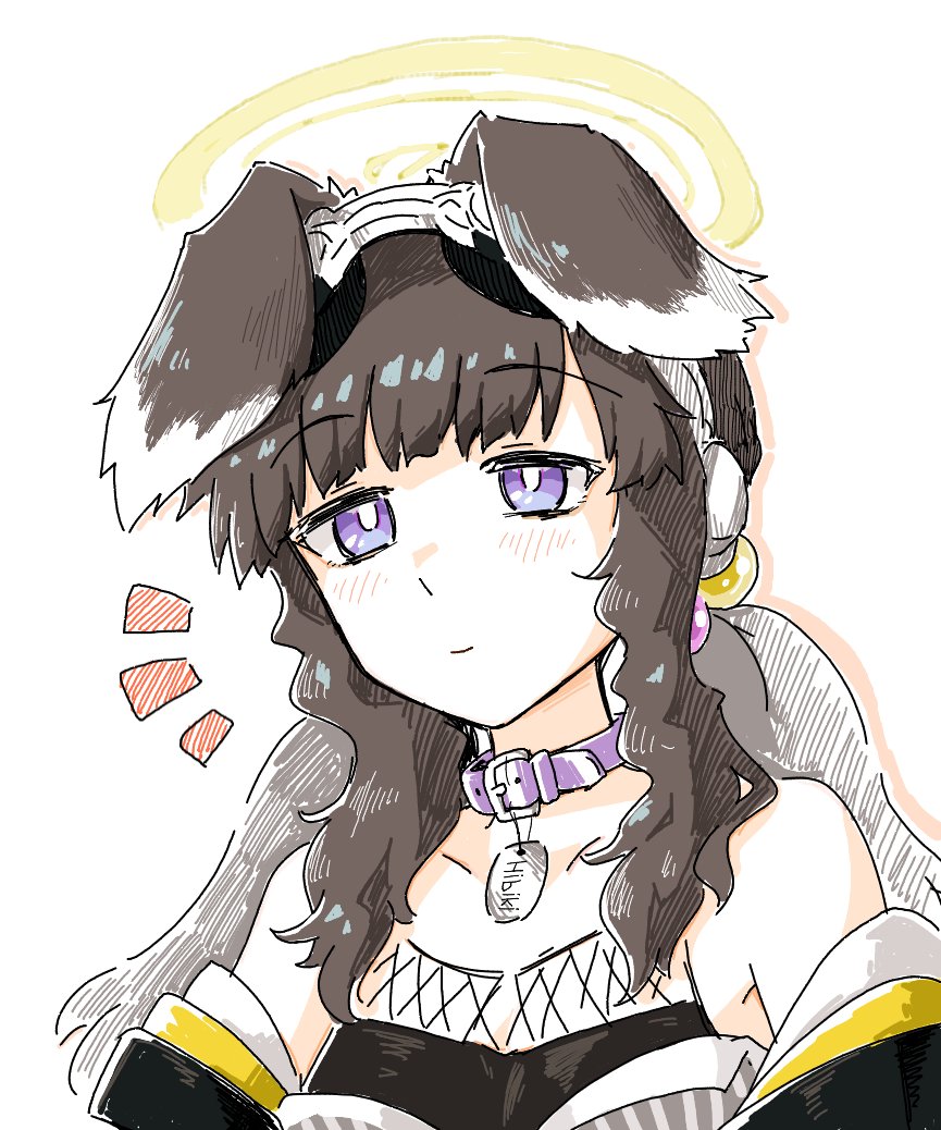 1girl animal_ears bare_shoulders black_hair blue_archive blush closed_mouth collar collarbone dog_ears dog_tags goggles goggles_on_head hair_bobbles hair_ornament halo hariyaa hibiki_(blue_archive) light_smile long_hair off_shoulder purple_collar solo twintails violet_eyes yellow_halo