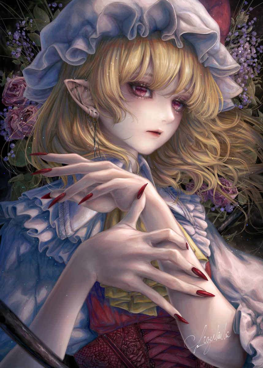 1girl ascot blonde_hair closed_mouth dress flandre_scarlet flower frilled_dress frills hat hat_ribbon highres mizuhichi mob_cap red_eyes red_flower red_nails red_ribbon red_rose ribbon rose solo touhou upper_body yellow_ascot