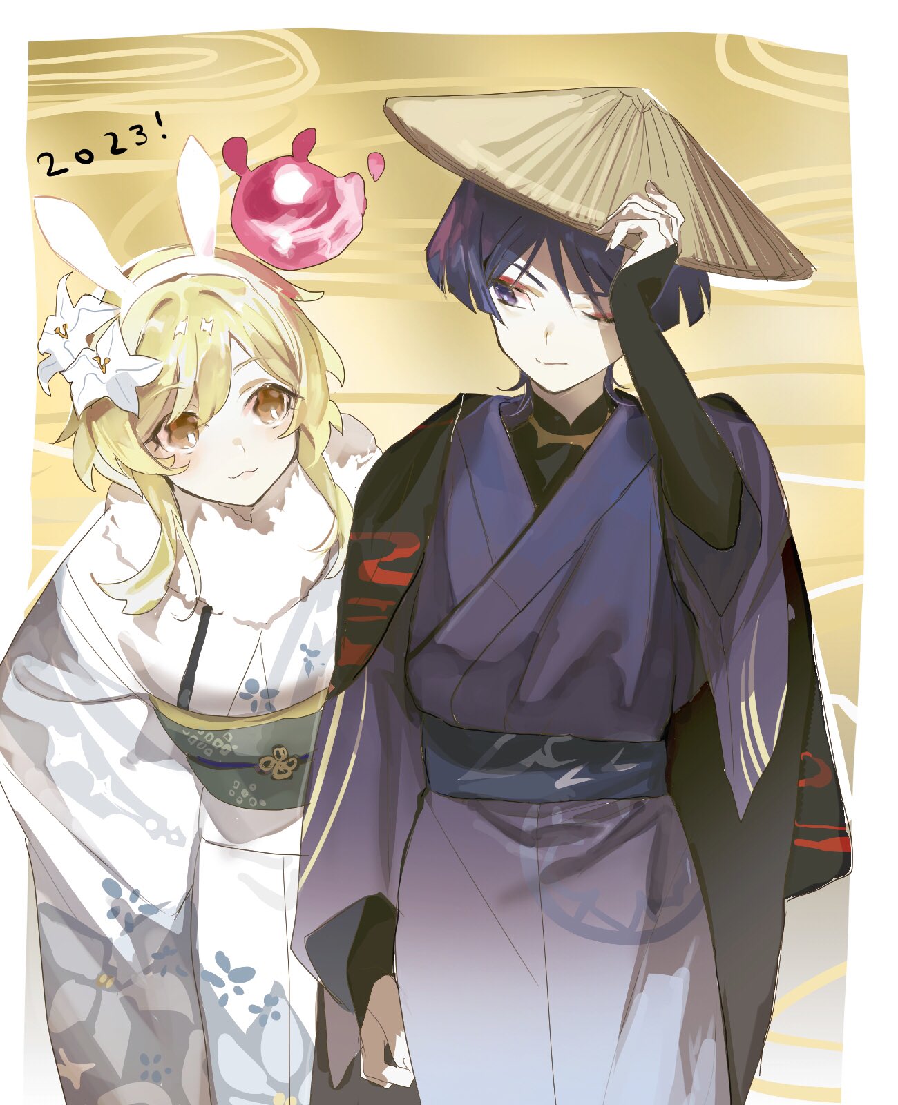 1boy 1girl 2023 :3 animal_ears armor blonde_hair blue_sash blunt_ends border brown_hat choppy_bangs closed_mouth commentary_request egasumi eyeshadow fake_animal_ears floral_print flower fur-trimmed_kimono fur_trim genshin_impact gradient_clothes gradient_kimono green_sash hair_between_eyes hair_flower hair_ornament hairband hand_on_headwear hand_up hat highres japanese_armor japanese_clothes kanoko_(pattern) kimono kote kurokote leaning_forward long_sleeves looking_at_another looking_to_the_side lumine_(genshin_impact) makeup obi obiage obijime one_eye_closed outside_border parted_bangs purple_hair purple_kimono rabbit_ears red_eyeshadow rice_hat sash scaramouche_(genshin_impact) seelie_(genshin_impact) short_hair short_hair_with_long_locks sidelocks sideways_glance simple_background smile standing talesofmea violet_eyes wanderer_(genshin_impact) white_border white_flower white_hairband white_kimono wide_sleeves yellow_background yellow_eyes