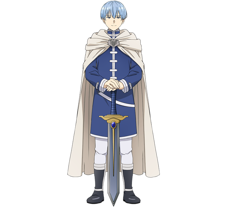 1boy black_footwear blue_eyes blue_hair blue_tunic boots cloak full_body himmel_(sousou_no_frieren) holding holding_sword holding_weapon hood hood_down hooded_cloak looking_at_viewer male_focus official_art panties short_hair smile sousou_no_frieren standing straight-on sword transparent_background underwear weapon white_cloak white_panties