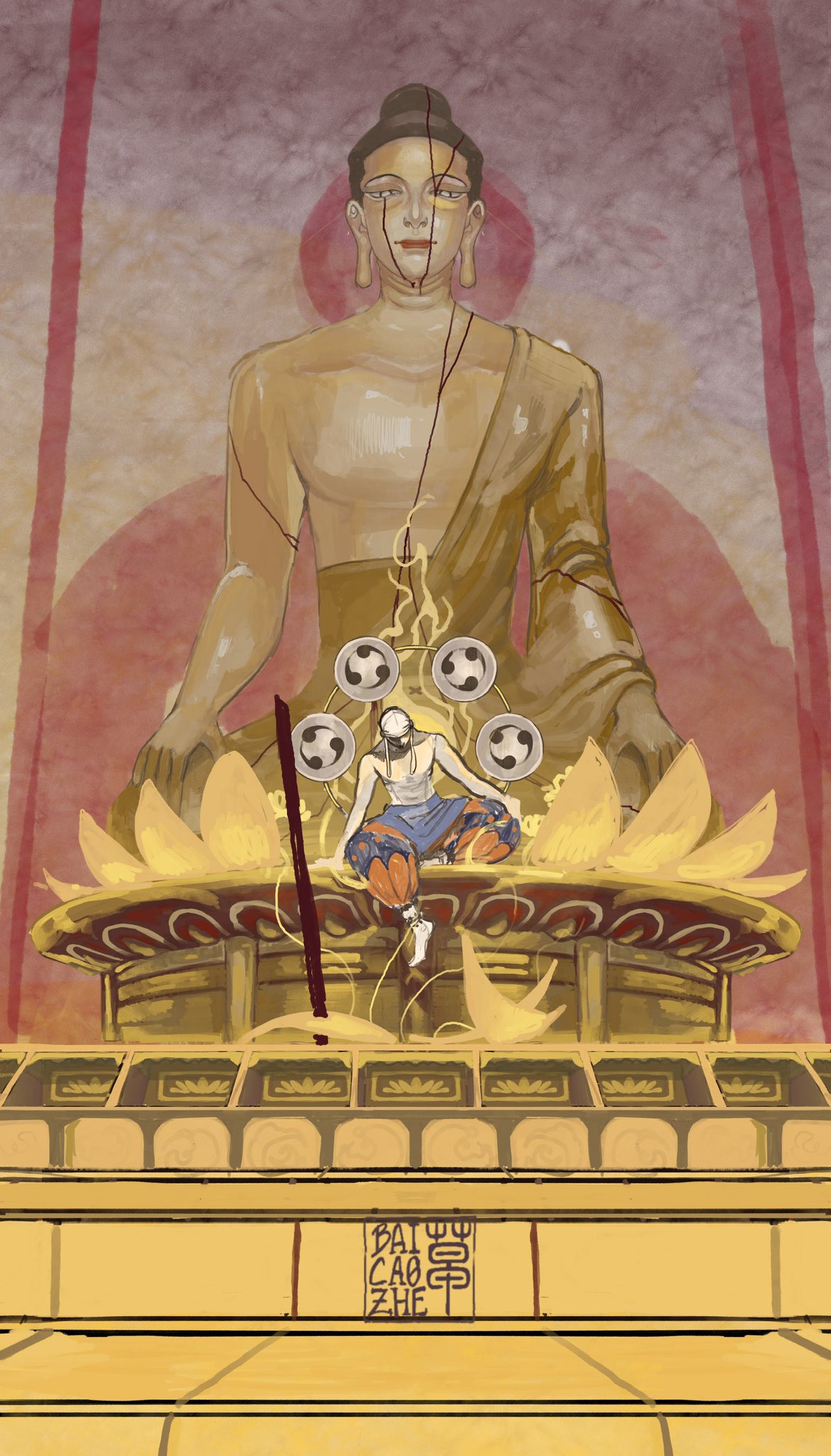 1boy anklet artist_logo baicaozhe bandana barefoot buddha crack drum enel flower highres instrument jewelry long_earlobes lotus male_focus one_piece orange_pants pants petals puffy_pants shaded_face sitting statue tomoe_(symbol) topless_male unfinished