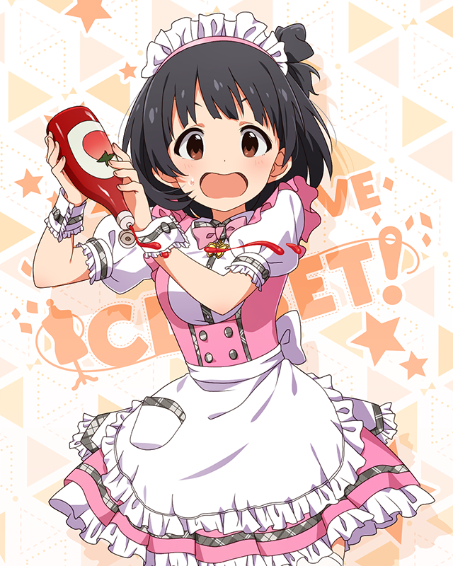 1girl apron black_hair blunt_bangs bow bowtie breasts brown_eyes butterfly_ornament confused dot_nose dress frilled_apron frilled_skirt frills high_side_ponytail holding idolmaster idolmaster_million_live! idolmaster_million_live!_theater_days ketchup ketchup_bottle maid_headdress nakatani_iku official_alternate_costume official_art open_mouth pink_bow pink_bowtie pink_dress pretty_waitress_(idolmaster) puffy_short_sleeves puffy_sleeves shirt short_hair short_sleeves sidelocks skirt small_breasts solo standing starry_background sweat thigh-highs upper_body v-shaped_eyebrows waist_apron waitress wavy_mouth white_apron white_shirt white_thighhighs wrist_cuffs