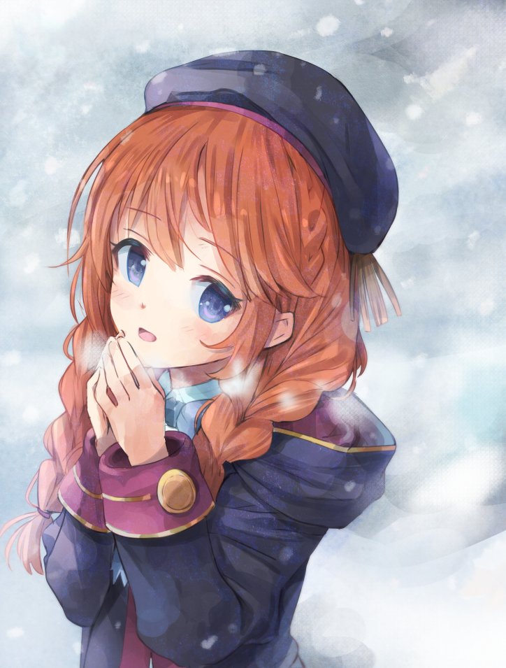 1girl beret black_coat black_hat blue_bow bow braid breath brown_hair coat collared_dress commentary_request crown_braid dress hat hood hood_down hooded_coat light_blush long_hair long_sleeves looking_at_viewer natsushima_memo open_clothes open_coat open_mouth princess_connect! school_uniform sidelocks snowstorm solo st._theresa's_girls_academy_school_uniform steepled_fingers twin_braids upper_body violet_eyes white_dress yuni_(princess_connect!)