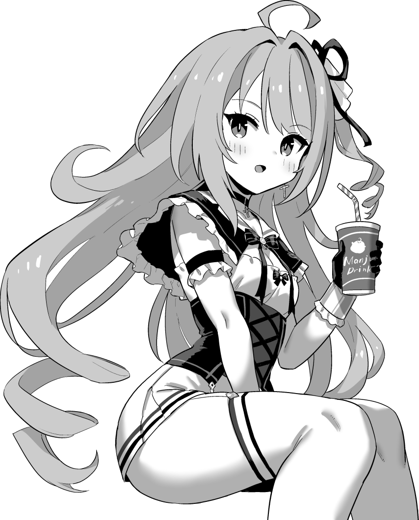 1girl ahoge azur_lane azur_lane:_slow_ahead choker cross cross_choker cross_earrings cup drinking_straw earrings grey_hair greyscale hand_up holding holding_cup hori_(hori_no_su) jewelry l'opiniatre_(azur_lane) long_hair looking_at_viewer monochrome official_art one_side_up simple_background sitting solo thigh-highs tri_drills white_background