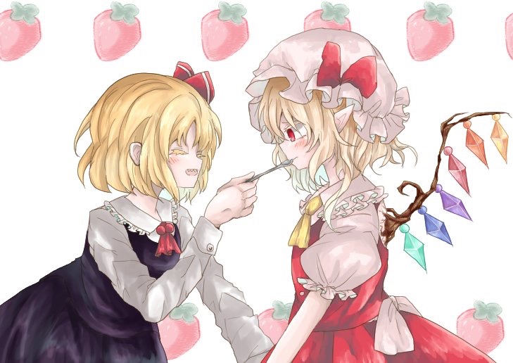 2girls ascot black_skirt black_vest blonde_hair collared_shirt crystal facing_another feeding flandre_scarlet fleuriste frilled_shirt_collar frilled_sleeves frills from_side hat holding holding_spoon long_sleeves looking_at_another medium_hair mob_cap multicolored_wings multiple_girls pointy_ears puffy_short_sleeves puffy_sleeves red_ascot red_eyes red_skirt red_vest rumia sharp_teeth shirt short_sleeves skirt spoon teeth touhou vest white_headwear white_shirt wings yellow_ascot