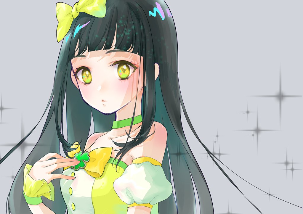 1girl bare_shoulders black_hair blunt_bangs bow choker closed_mouth expressionless green_choker grey_background hair_bow hand_up himitsu_no_aipri long_hair looking_at_viewer miminaga_usagi mystery_girl_(pretty_series) pretty_series solo sparkle symbol-shaped_pupils triangle-shaped_pupils upper_body wrist_cuffs yellow_bow yellow_eyes