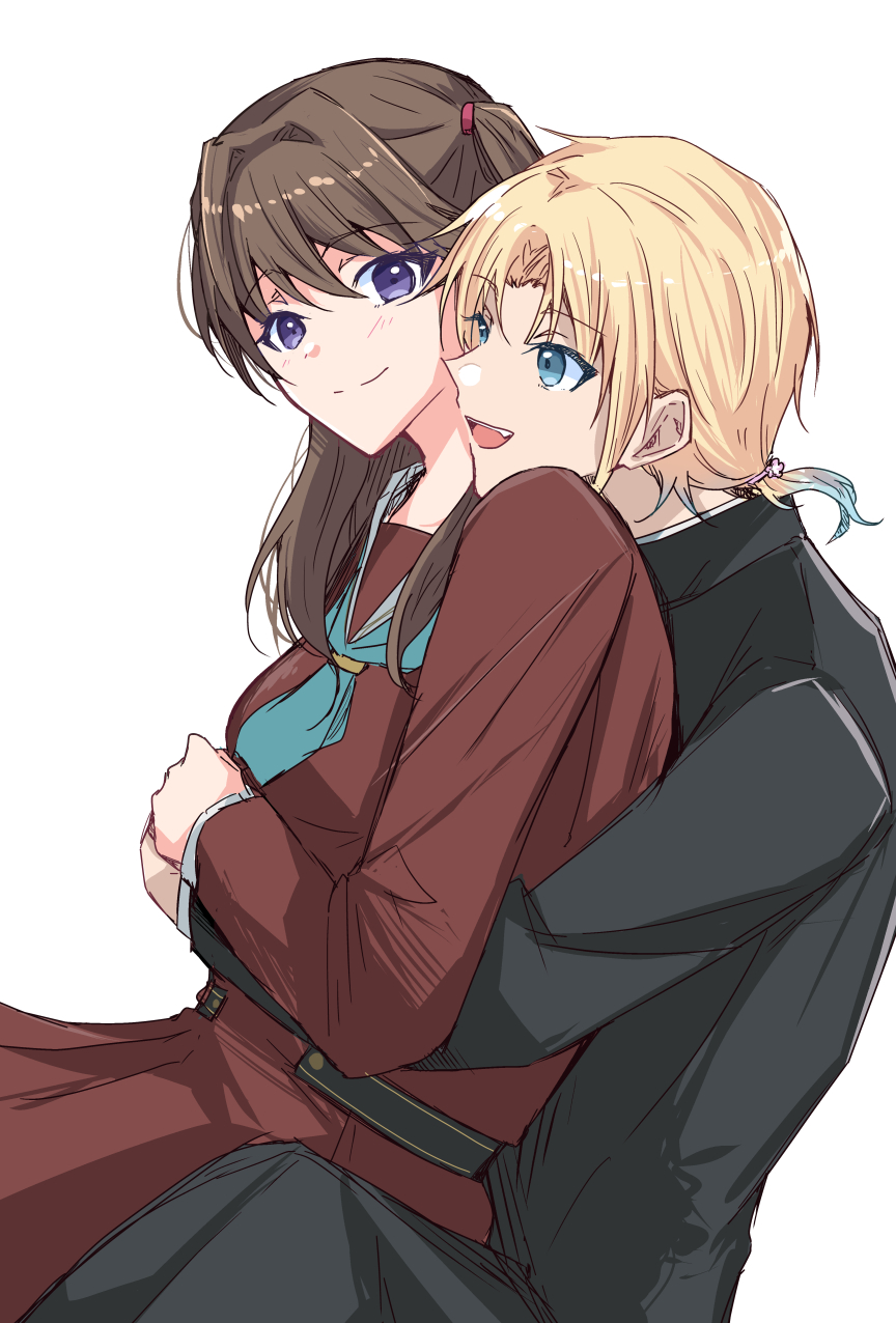1boy 1girl :d aqua_neckerchief arms_around_waist black_jacket black_pants blonde_hair blue_eyes blue_hair brown_dress brown_hair closed_mouth commentary dress fang fujishima_megumi gakuran genderswap genderswap_(ftm) gradient_hair hand_on_hand hasu_no_sora_school_uniform highres hug hug_from_behind hzk jacket light_blush link!_like!_love_live! long_hair long_sleeves looking_at_another looking_at_viewer love_live! multicolored_hair neckerchief open_mouth osawa_rurino pants parted_bangs pleated_dress sailor_collar sailor_dress school_uniform short_hair short_ponytail simple_background sitting sitting_on_lap sitting_on_person smile split_mouth symbol-only_commentary two_side_up violet_eyes virtual_youtuber white_background white_sailor_collar winter_uniform